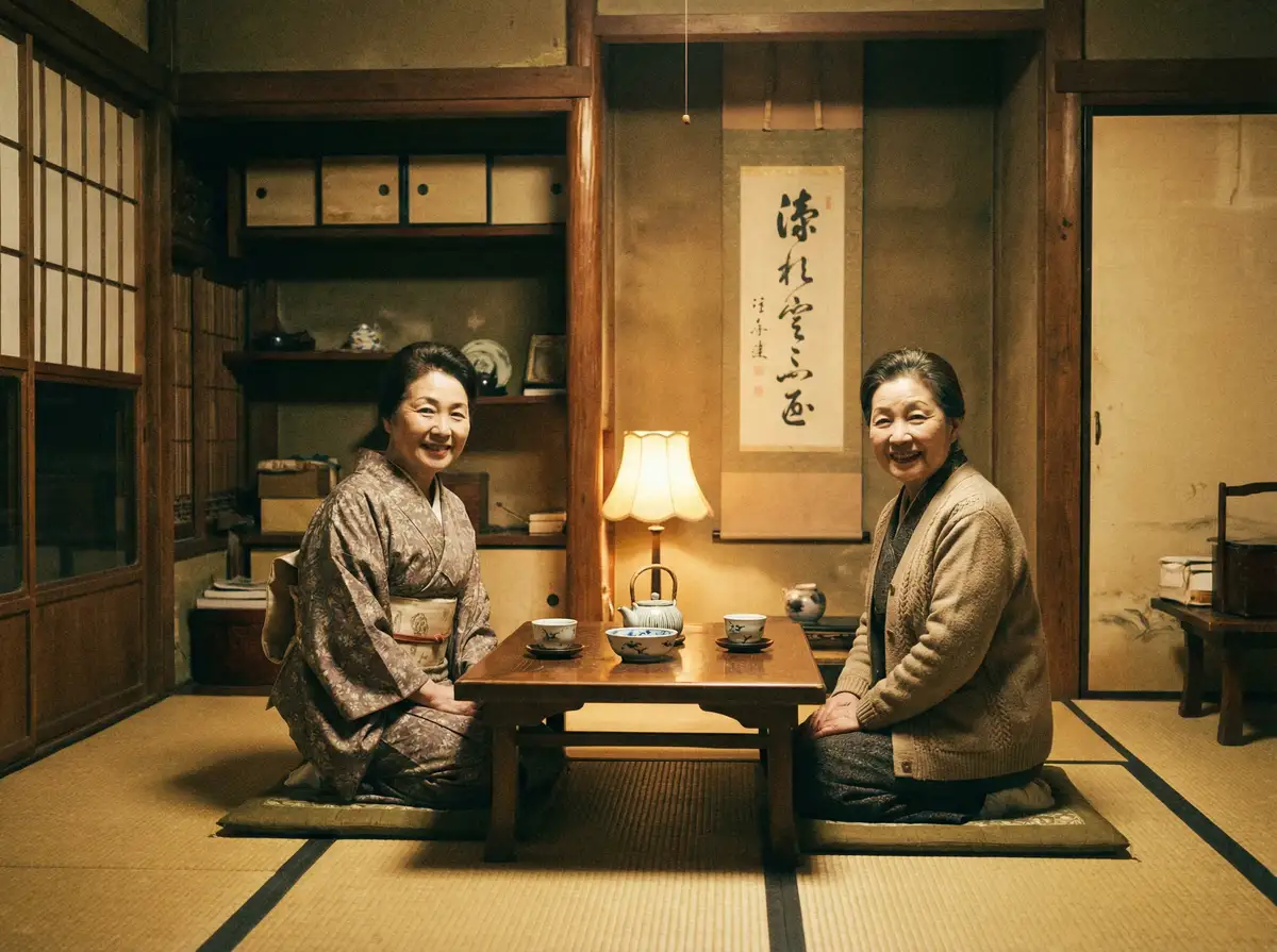 两位优雅的 快猫-热门短视频平台|最新潮流达人秀|免费在线互动 在日式茶室中品茶交谈